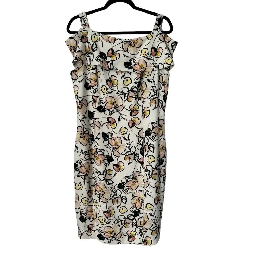 Badgley Mischka Dress Size‎ 14 White Floral Wide Collar Square Neckline Pencil